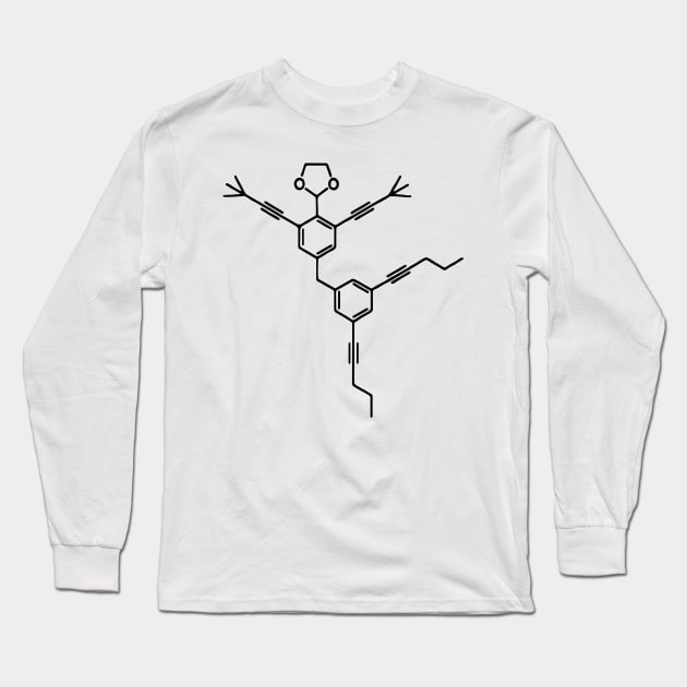 Dancing Molecule carbon Benzene. Physics Maths. 2-(2,5-Bis(3,3-dimethylbut-1-yn-1-yl)-4-{[3,5-di(pent-1-yn-1-yl)phenyl]ethynyl}phenyl)-1,3-dioxolane Long Sleeve T-Shirt by labstud